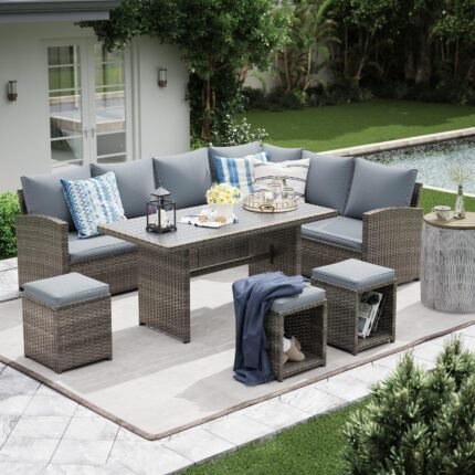 8 Seats Outdoor Sofa Dining Set Wicker Patio Sectional Set with Dining Table